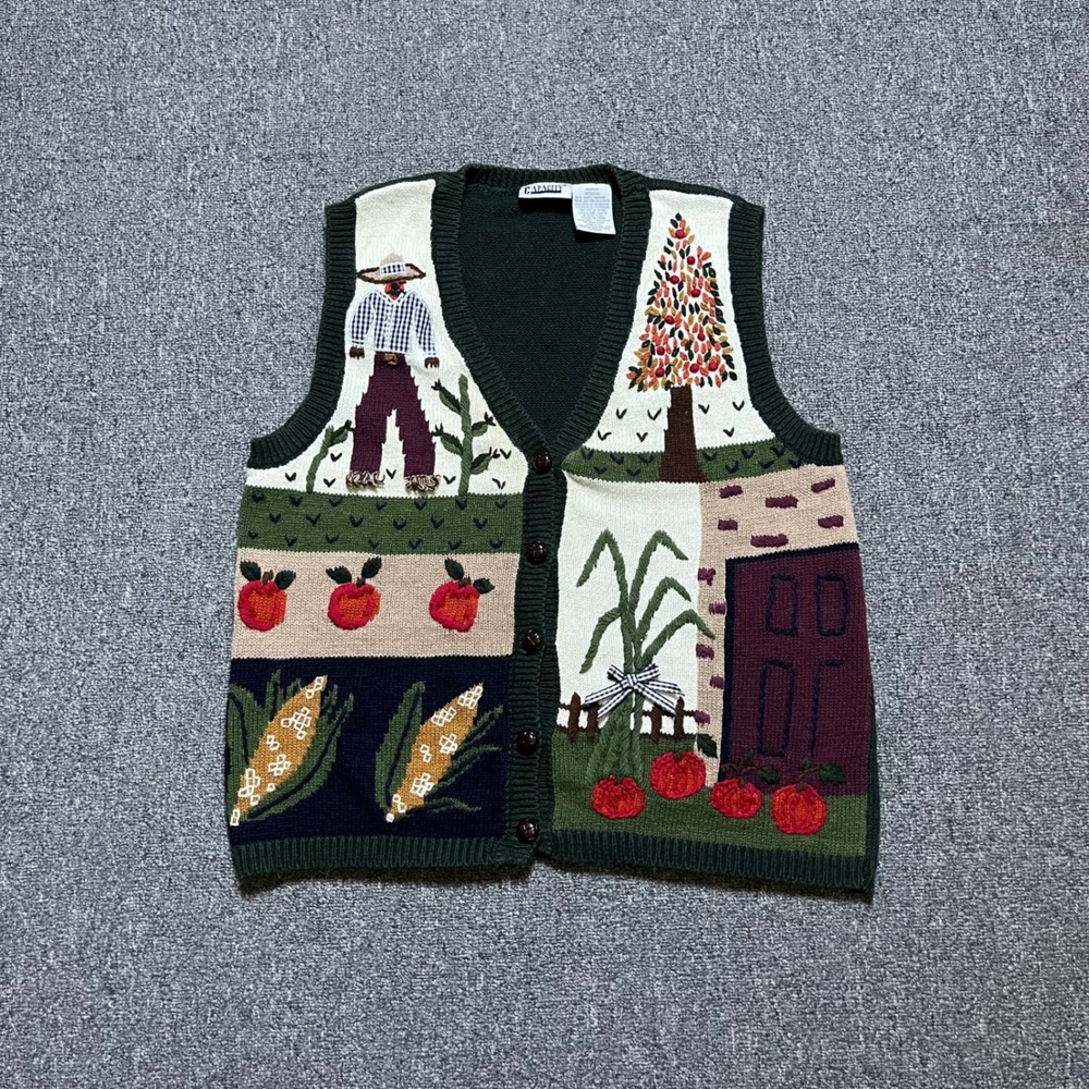 Vintage Capacity Sweater Vest Size M Green Harvest Scarecrow Cottagecore 90s